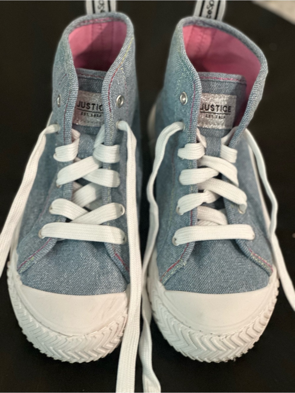 Justice Denim-Style High-Top Kids Sneakers in Blue and Pink